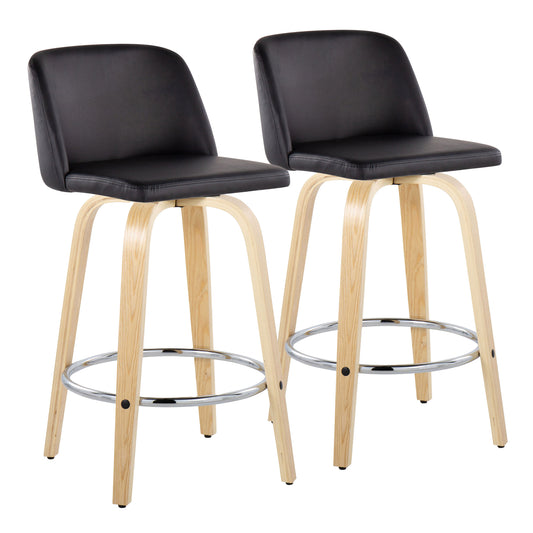 Linthel - Set of 2 - 24" Natural Wood Counter Stools with Black Faux Leather, 360° Swivel Design