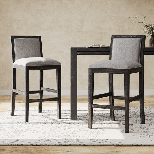 Selina Set of 2 - 30" Retro Bar Stools with Grey Upholstered Seat, Black Rubberwood Frame, and Sponge Cushion - Perfect for Kitchen, Dining Room, or Bedroom