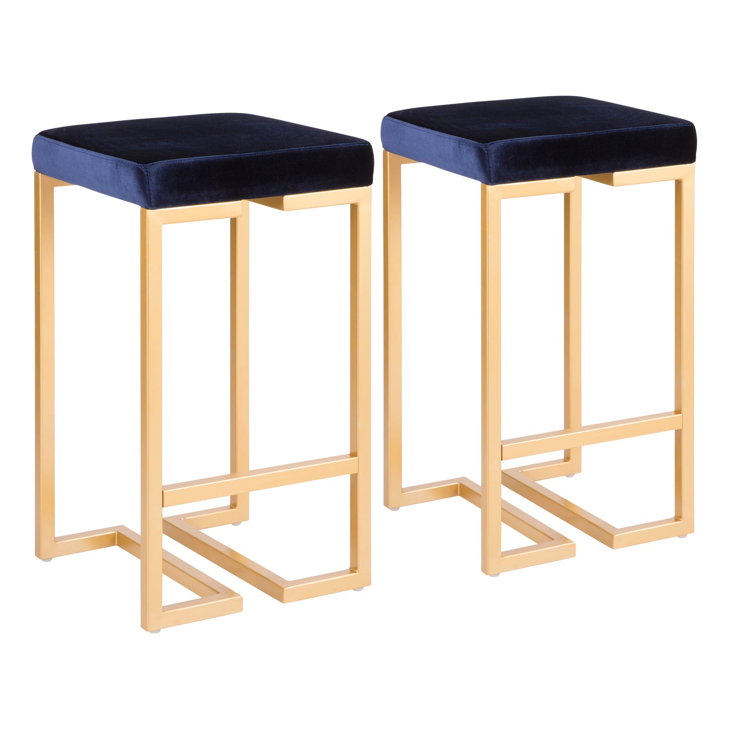 Lorvyn - Set of 2 - 24" Blue Velvet Gold Counter Stools with High Back