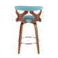 Gaylen - Set of 2 - 20" Walnut Mid-Century Modern Counter Stools with Teal Upholstered Swivel Seats