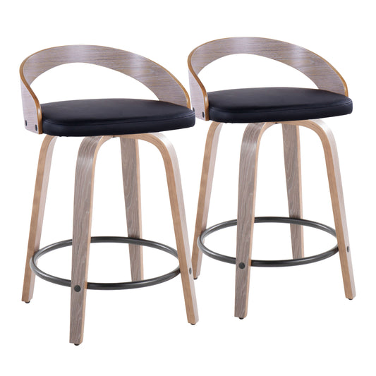 Hrelis - Set of 2 - 24" Light Grey Wood and Black Faux Leather Fixed-Height Swivel Counter Stools with 18" Round Black Metal Footrest