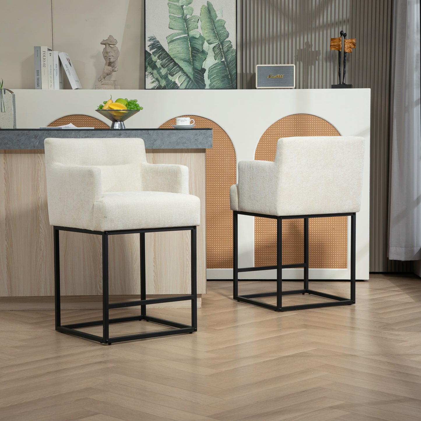 Ellery - Set of 2 - 26" Modern Counter Height Bar Stools, Beige Chenille Upholstered with Back, Black Metal Frames for Kitchen Island or Pub