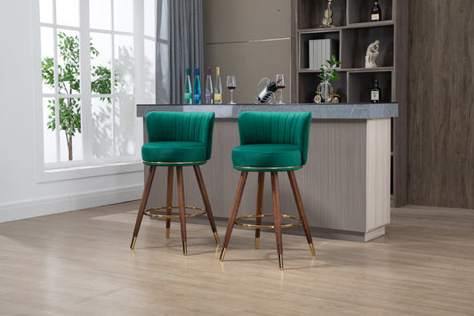 Monial - Set of 2 - 28" Emerald Swivel Bar Stools with Backrest, Footrest, and Solid Wood Legs