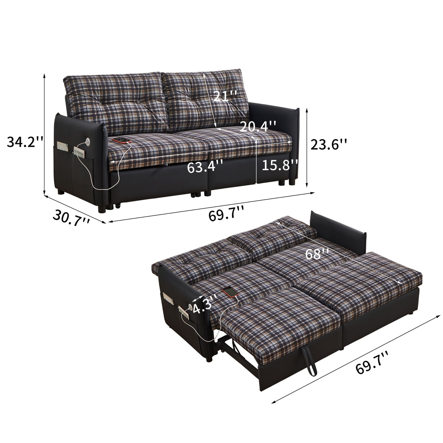 Sleeper Sofa, Expandable Sectional With Ottoman For Living Room