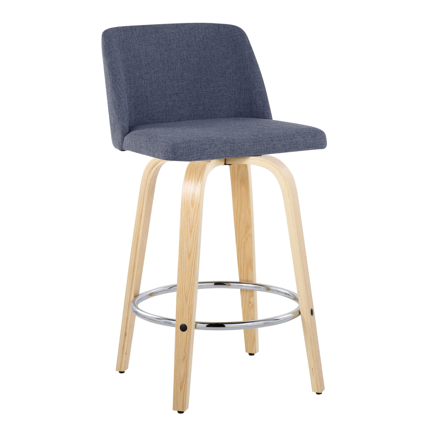 Vesperat - Set of 2 - 26" Contemporary Fixed Height Swivel Counter Stools, Blue Fabric & Natural Wood with Chrome Footrest