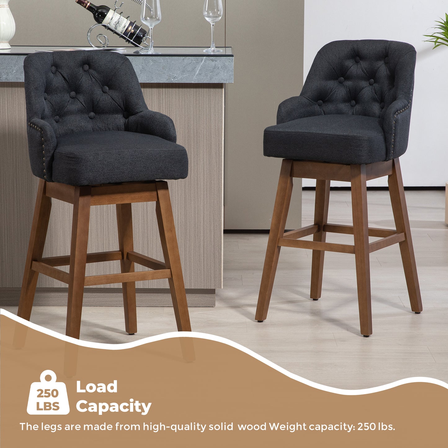 Vianna- Set of 2 - 30" Black Linen Counter Height Bar Stools with Button-Tufted Design, 360° Swivel, and Solid Wood Legs