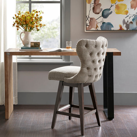 Melrose- Set of 2 - 27" Camel Upholstery Swivel Counter Stools with Solid Wood Frame, Perfect for Kitchen or Dining Room