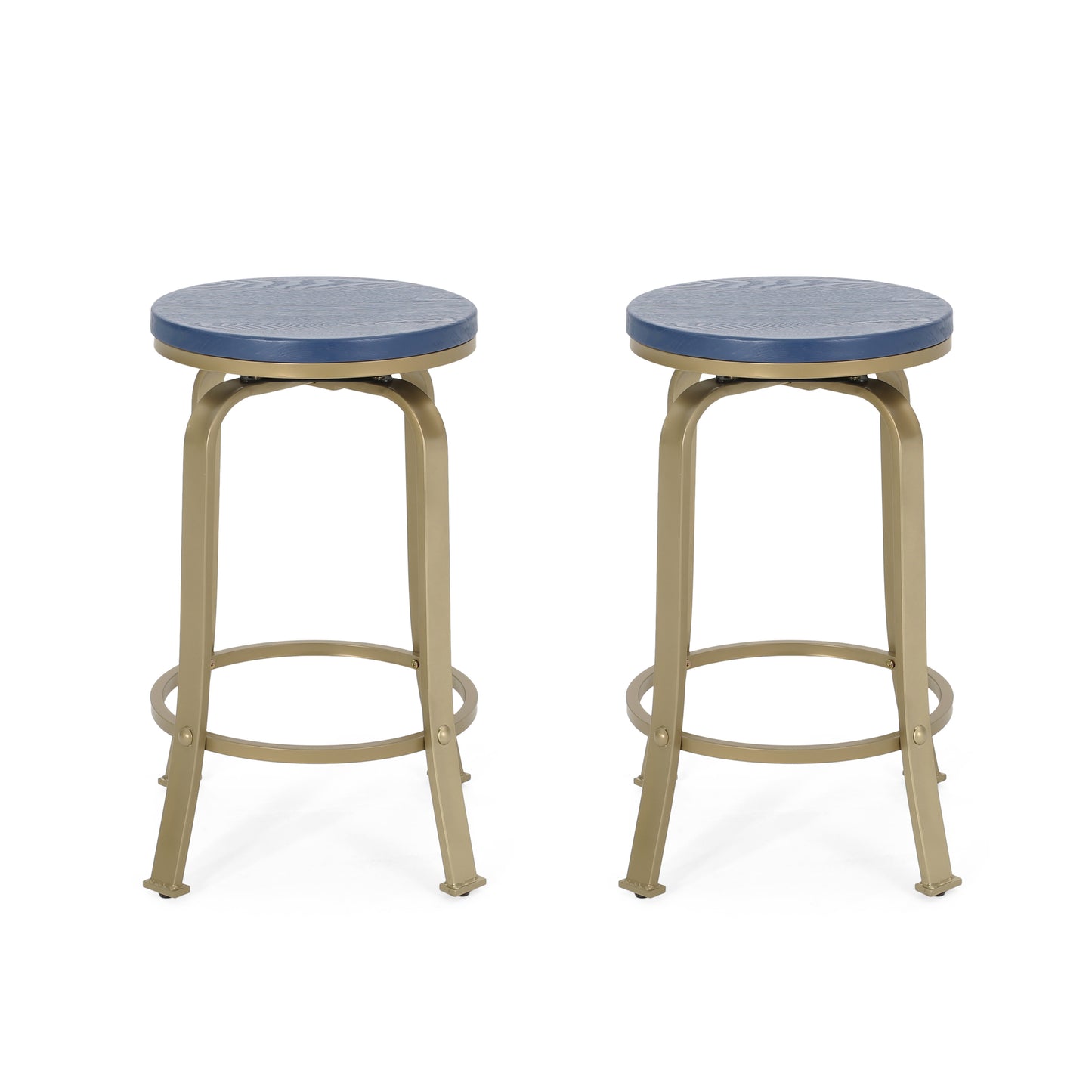 Sanora- Set of 2 - 25" Blue Counter Stools with Swivel Iron Frame and Faux Wood Seats