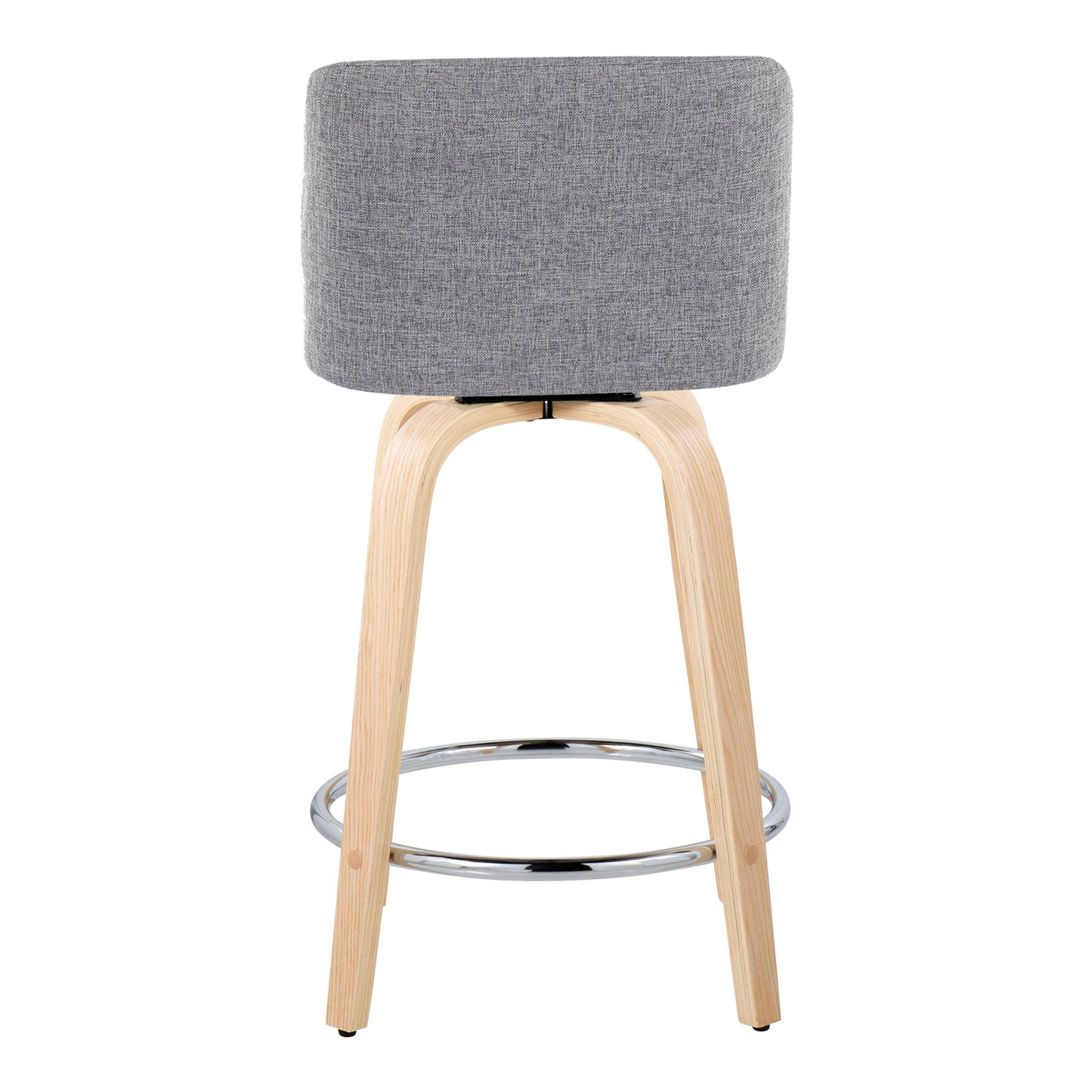 Tarek - Set of 2 - 24" Fixed-Height Swivel Counter Stools – Natural Wood & Grey Fabric with Chrome Footrest – Contemporary Design