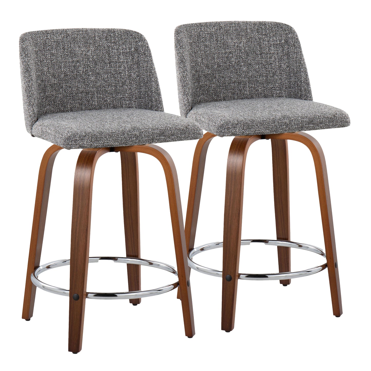 Thuralis - Set of 2 - 24" Grey Fabric Swivel Counter Stools with Walnut Wood Frame and Chrome Footrest