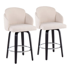 Monet - Set of 2 - 30" Black Wood and Cream Fabric Counter Stools with Round Chrome Footrest and Swivel Seating