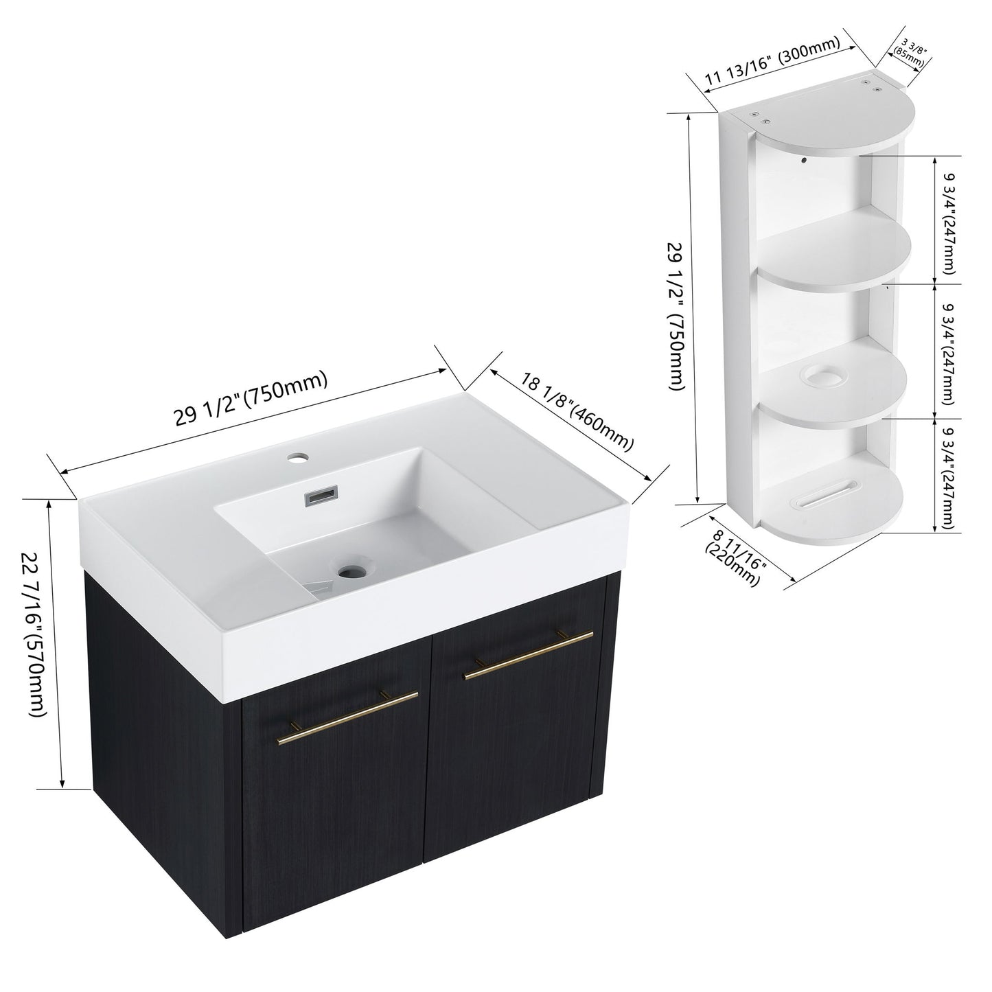 Modern Wall Mounted Bathroom Vanity With Left Sink And Storage Rack