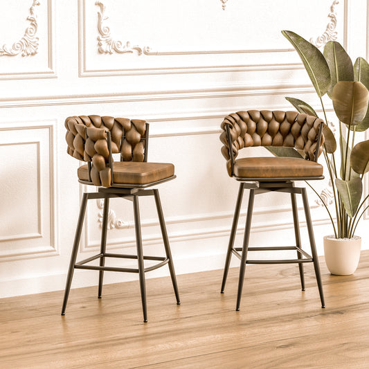 Meridian - Set of 2 - 25" Swivel Woven Bar Stools with Brown Technical Leather, Black Legs, Upholstered Back, and Footrest - Counter Height