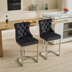 Vitra - Set of 2 - 24" Black Velvet Counter Stools - Button Back, Rivet Trim, Upholstered with Chromed Metal Base