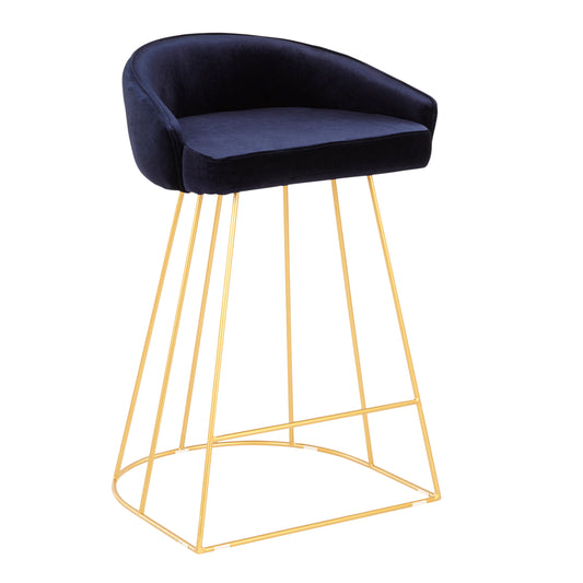 Stark - Set of 2 - 24" Blue Velvet Contemporary Counter Stools with Gold Cage Base, 20.25" W x 19.5" D x 31.25" H