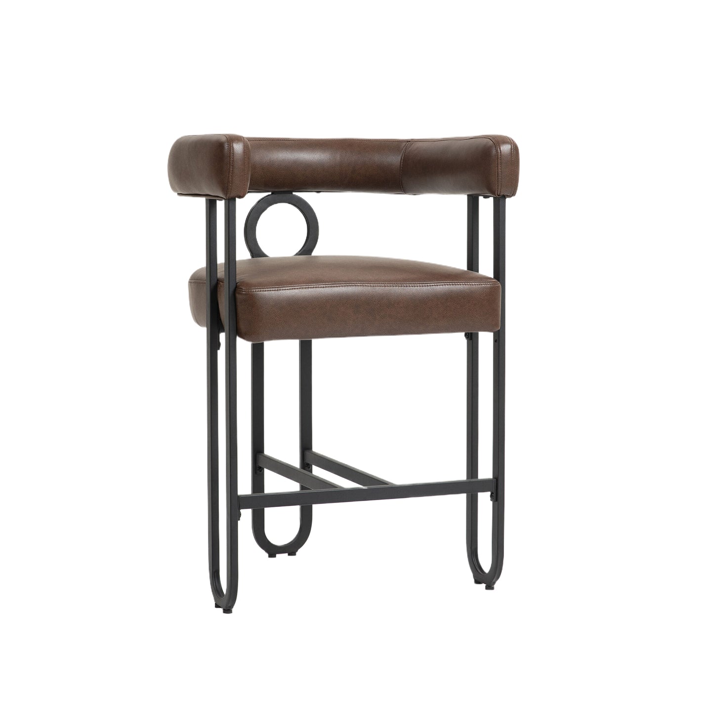 Callan - Set of 2 - 24" Dark Brown PU Bar Stools with Round Cushions, Curved Backrest, and Modern Black Metal Frame