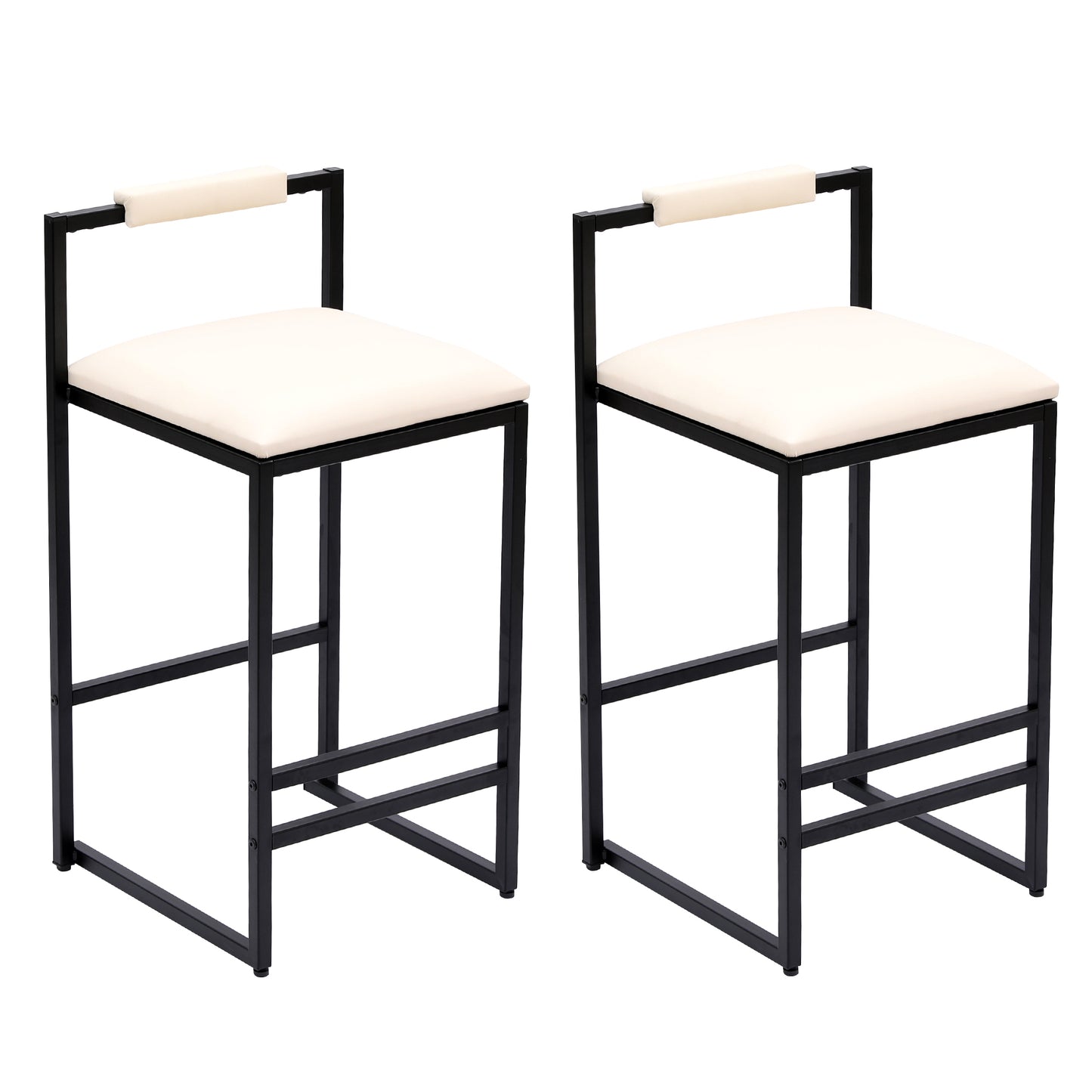 Havenly - Set of 2 - 25" Beige Faux Leather Upholstered Bar Stools with Modern Black Metal Frame and Low Back Design