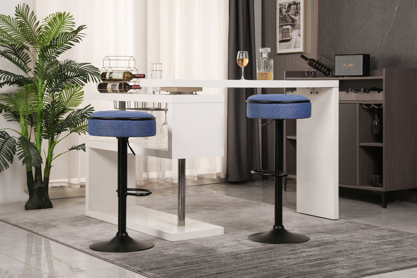 Veynard - Set of 2 - 24" Blue Linen Adjustable Bar Stools with 360° Swivel, Metal Frame for Kitchen and Dining