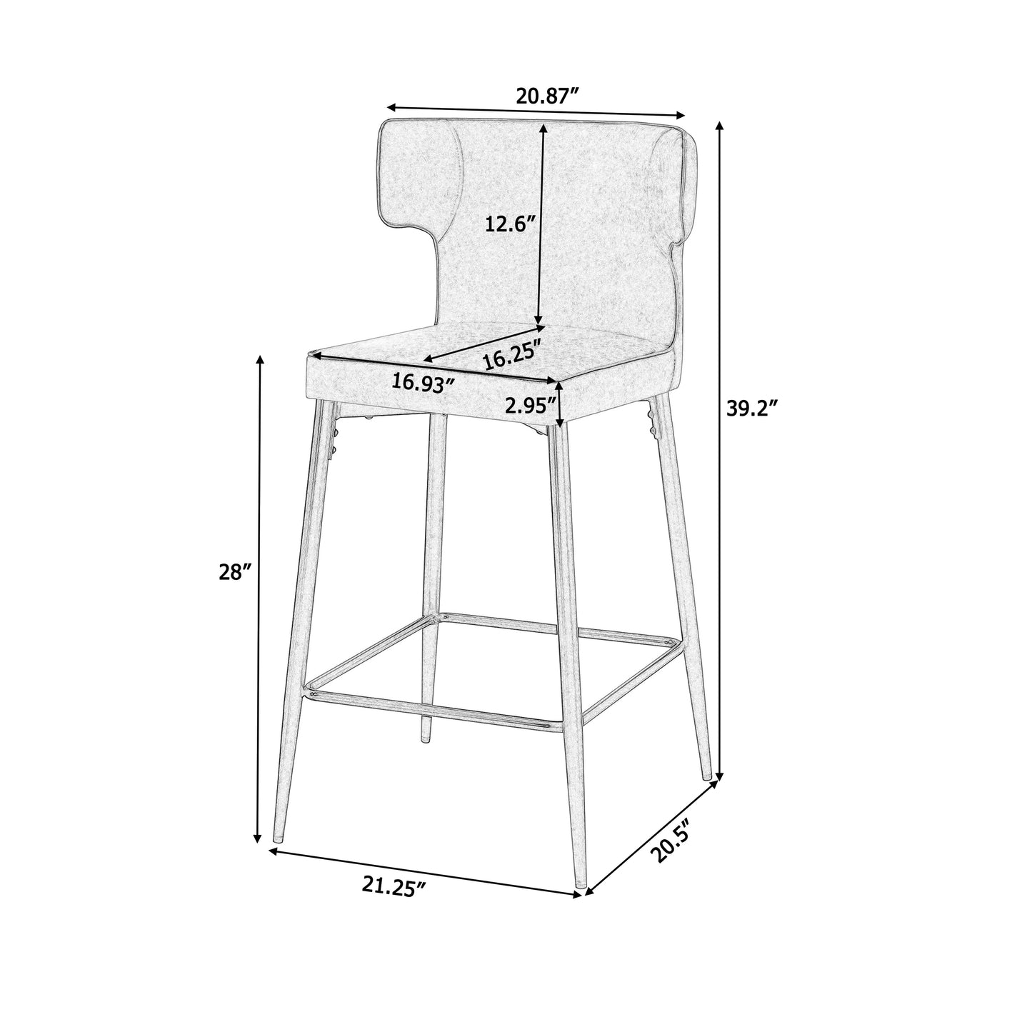 Monice - Set of 2 - 28" Counter Height Bar Stools with Brown Upholstered Polyurethane Leather Seat, Metal Frame, and Footrest for Kitchen Island or Bar Table