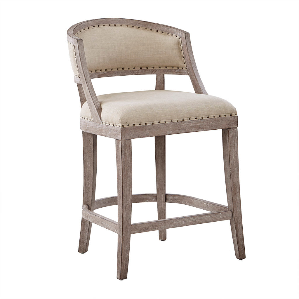 Tuscan - Set of 2 - 27" Counter Stools in Natural Polyester with Bronze Nailhead Trim and Reclaimed Biscuit Wood Legs