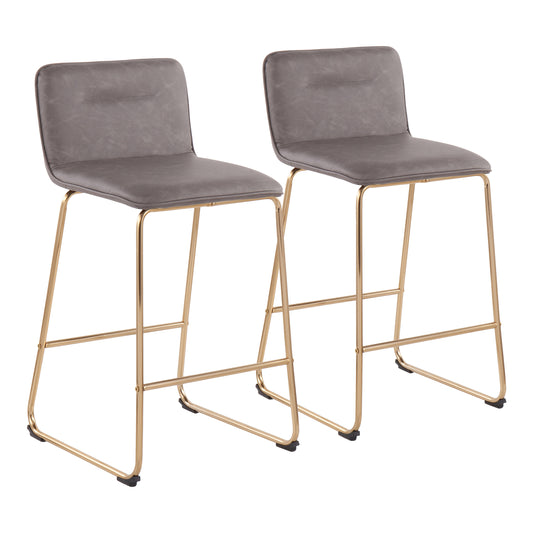 Aradia - Set of 2 - 24" Grey Faux Leather Counter Stools with Gold Metal Frame