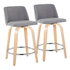 Tarek - Set of 2 - 24" Fixed-Height Swivel Counter Stools – Natural Wood & Grey Fabric with Chrome Footrest – Contemporary Design