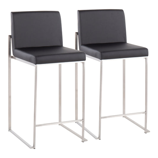 Fairfield - Set of 2 - 24" Black Faux Leather Counter Stools with High Back and Stainless Steel Frame