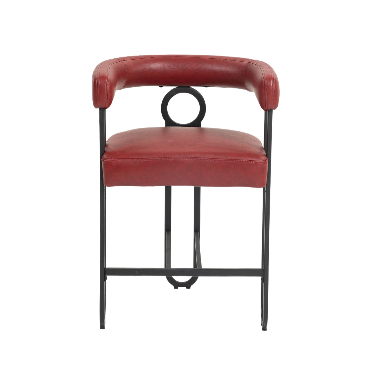 Silver - Set of 2 - 24" Wine Red PU Counter Height Bar Stools with Curved Backrest, Black Metal Frame, Thick Cushion for Kitchen or Dining Room