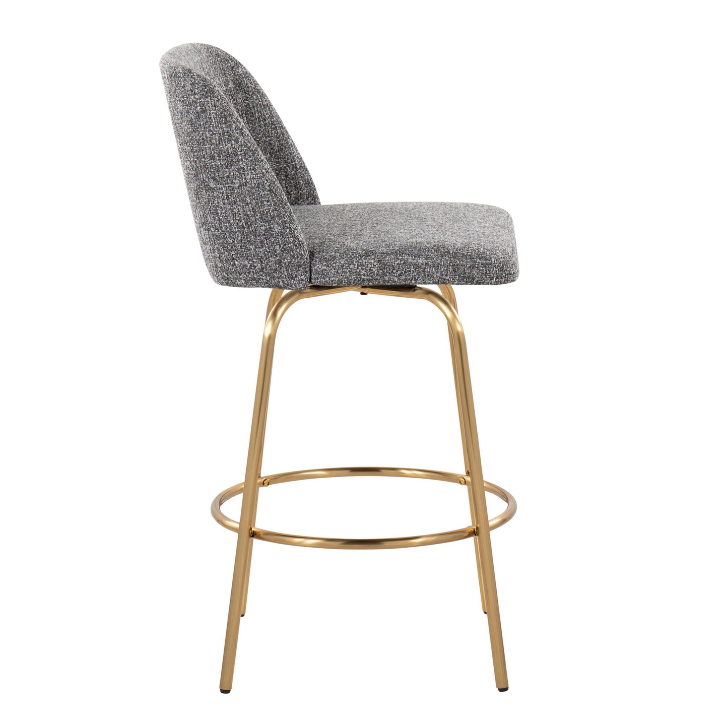 Tzarin - Set of 2 - 26" Contemporary Fixed-Height Swivel Counter Stools in Grey Noise Fabric and Gold Metal – Stylish Upholstered Bar Stools with Round Footrest