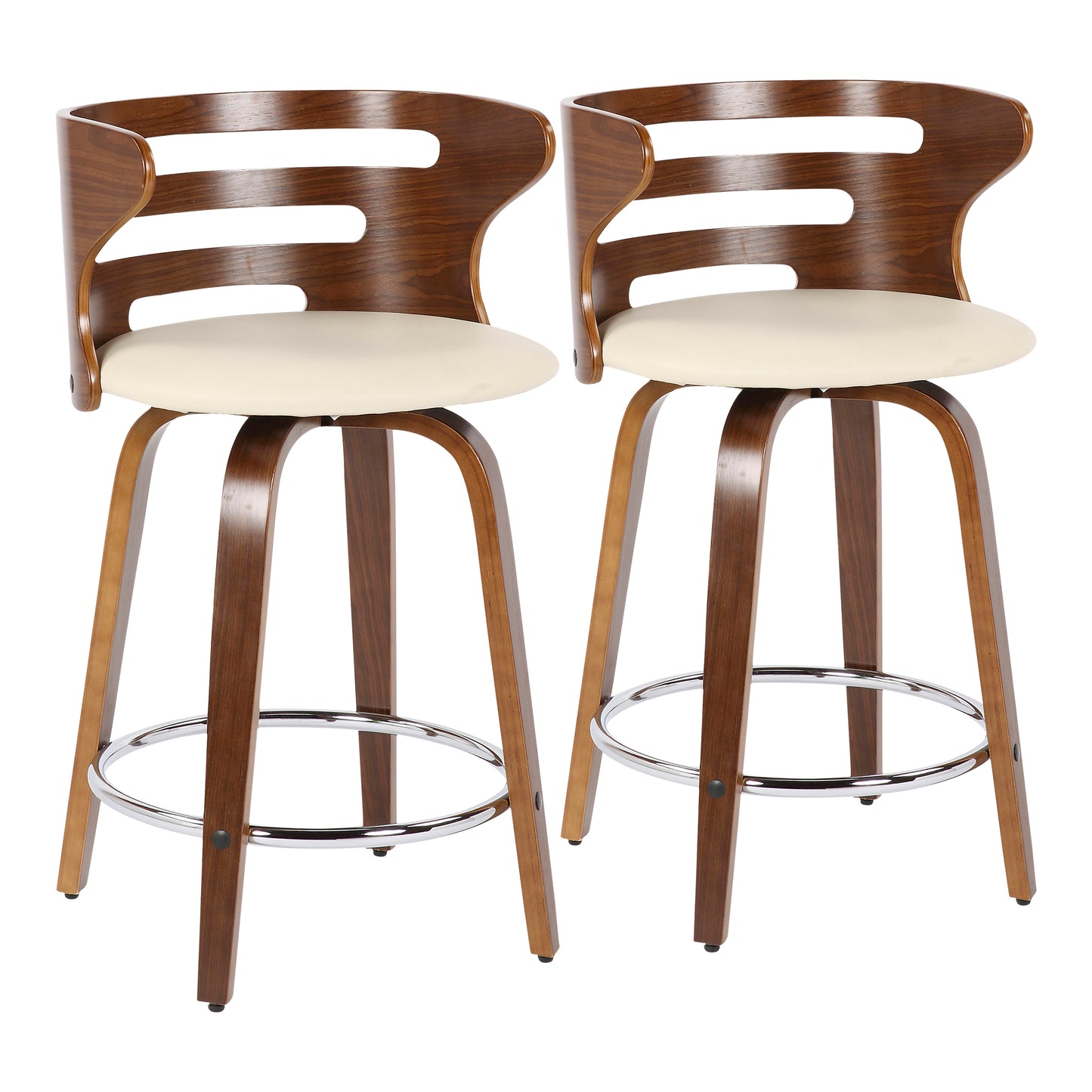 Crystelle - Set of 2 - 28" Mid-Century Modern Counter Stool, 360° Swivel, Walnut Wood & Cream Faux Leather, 18” W x 18” L x 31.75” H