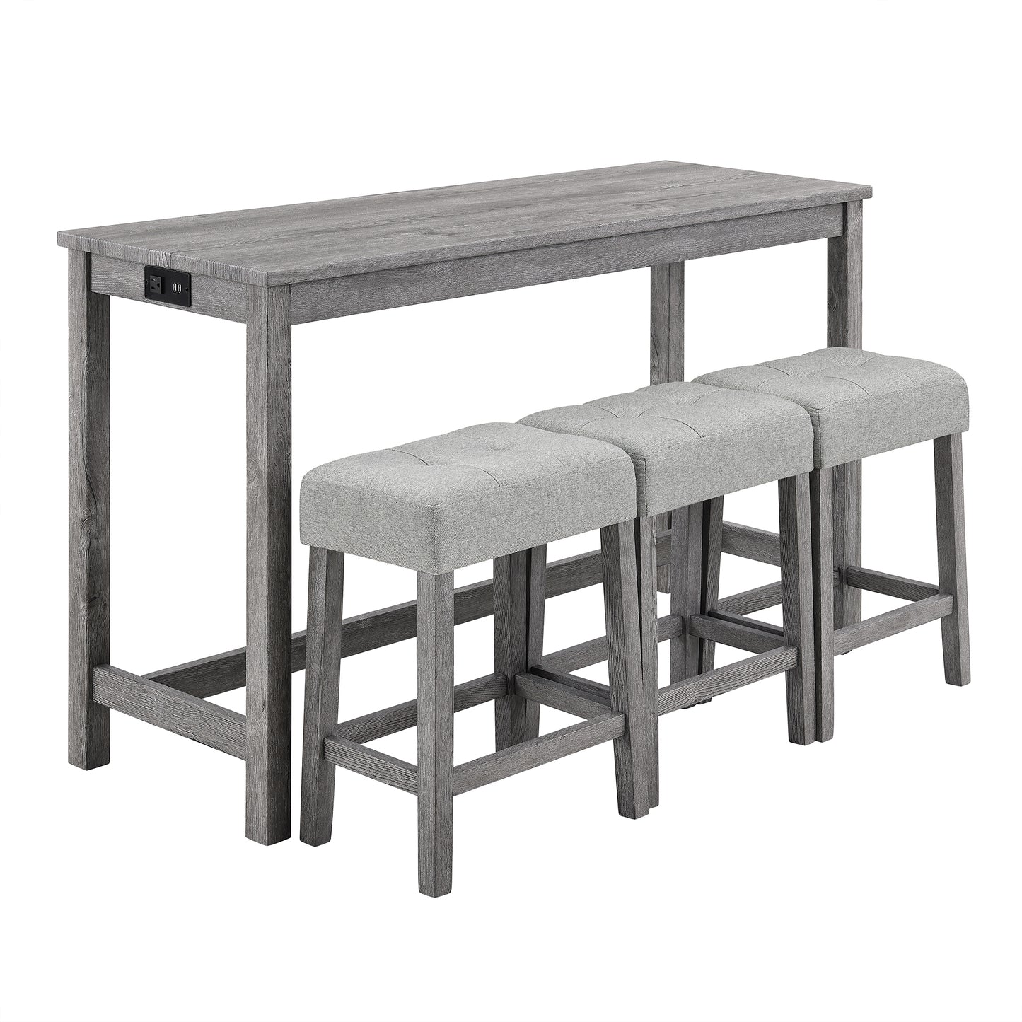 Edmonia - Set of 4 - 24.25" Industrial Bar Table Set - Gray Solid Wood Dining Table with Power Outlet and Ergonomic Bar Stools