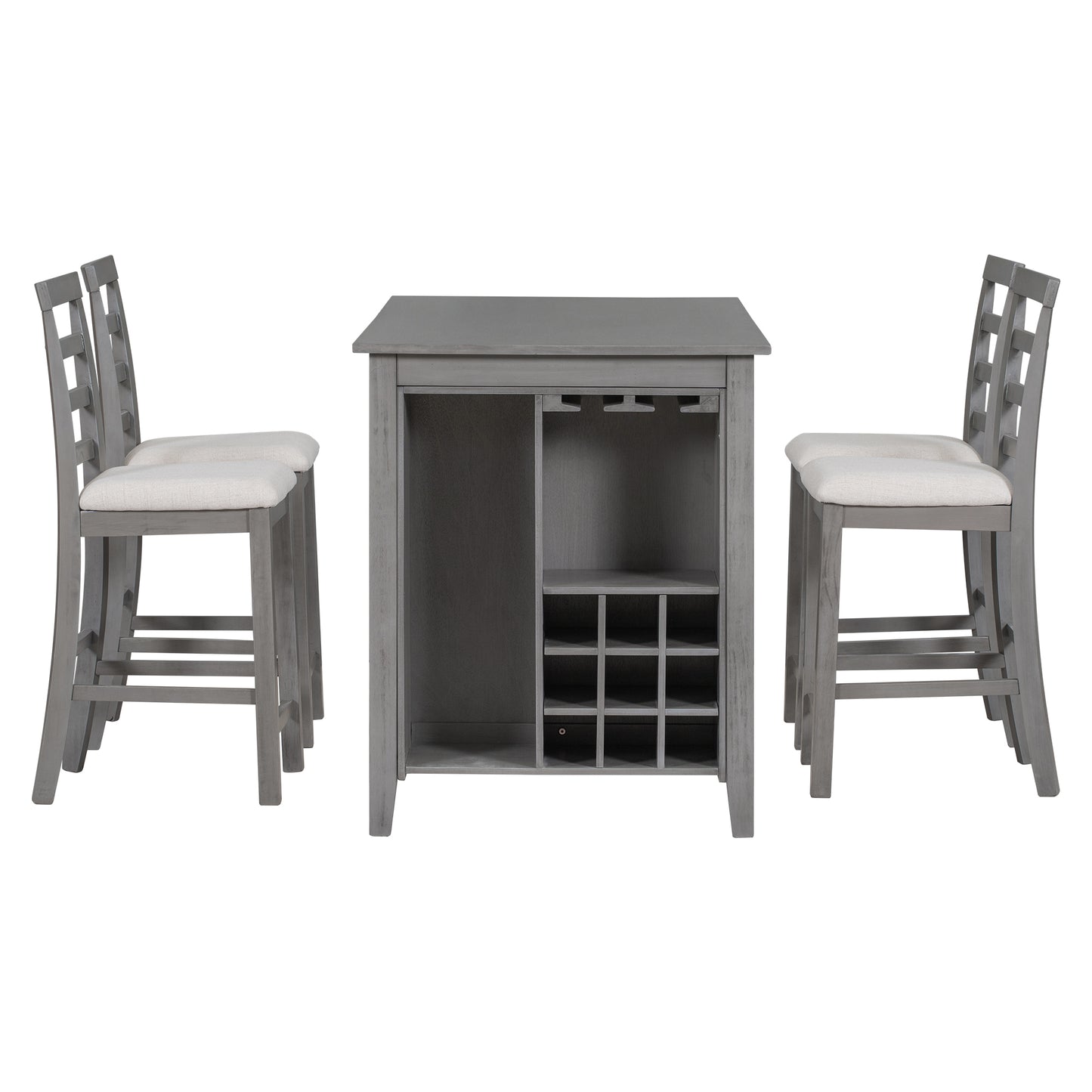 Tymorath - Set of 5 - 26" Gray Counter Height Dining Set with Solid Wood Table, Padded Chairs, Integrated Wine Storage, and Glass Holders - 35.4" Height