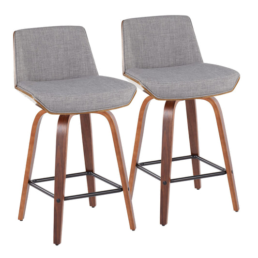 Emilio - Set of 2 - 26" Mid-Century Modern Swivel Counter Stools with Walnut Wood, Light Grey Fabric, and Black Metal Footrest