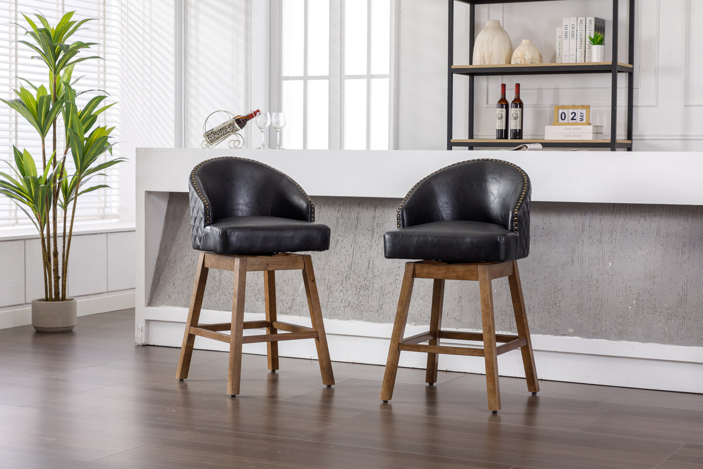 Virissa - Set of 2 - 37" Black PU Counter Height Bar Stools with 360° Swivel, Footrest, and Solid Wood Legs