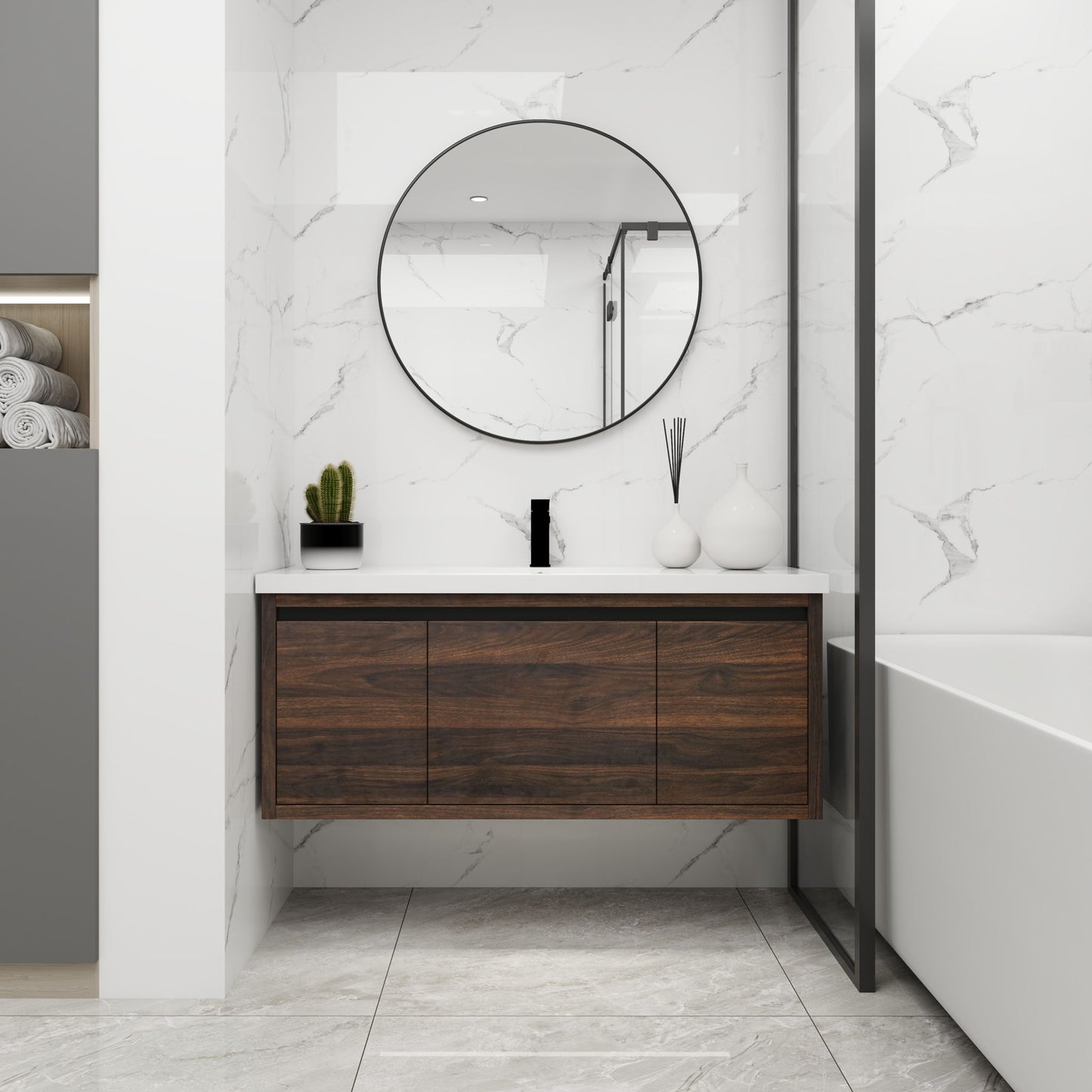 Floating 48" Bathroom Vanity With Resin Sink And Soft Close Doors California Plywood - California Walnut