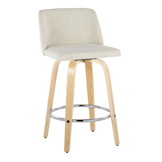 Toriana - Set of 2 - 26" Natural Wood & Cream Swivel Counter Stools with Chrome Footrest