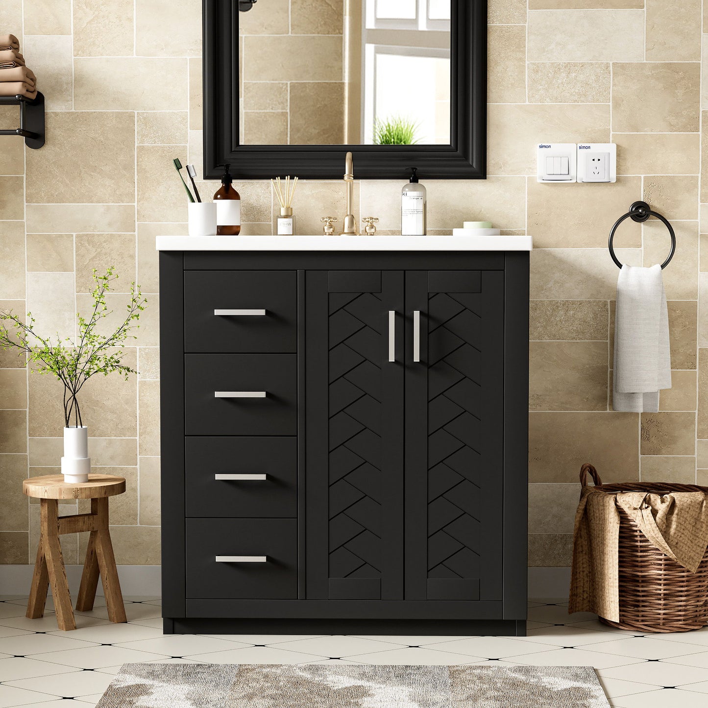 Ceramic Sink Combo, Freestanding Vanity Set With 3 Drawers & Soft Closing Doors