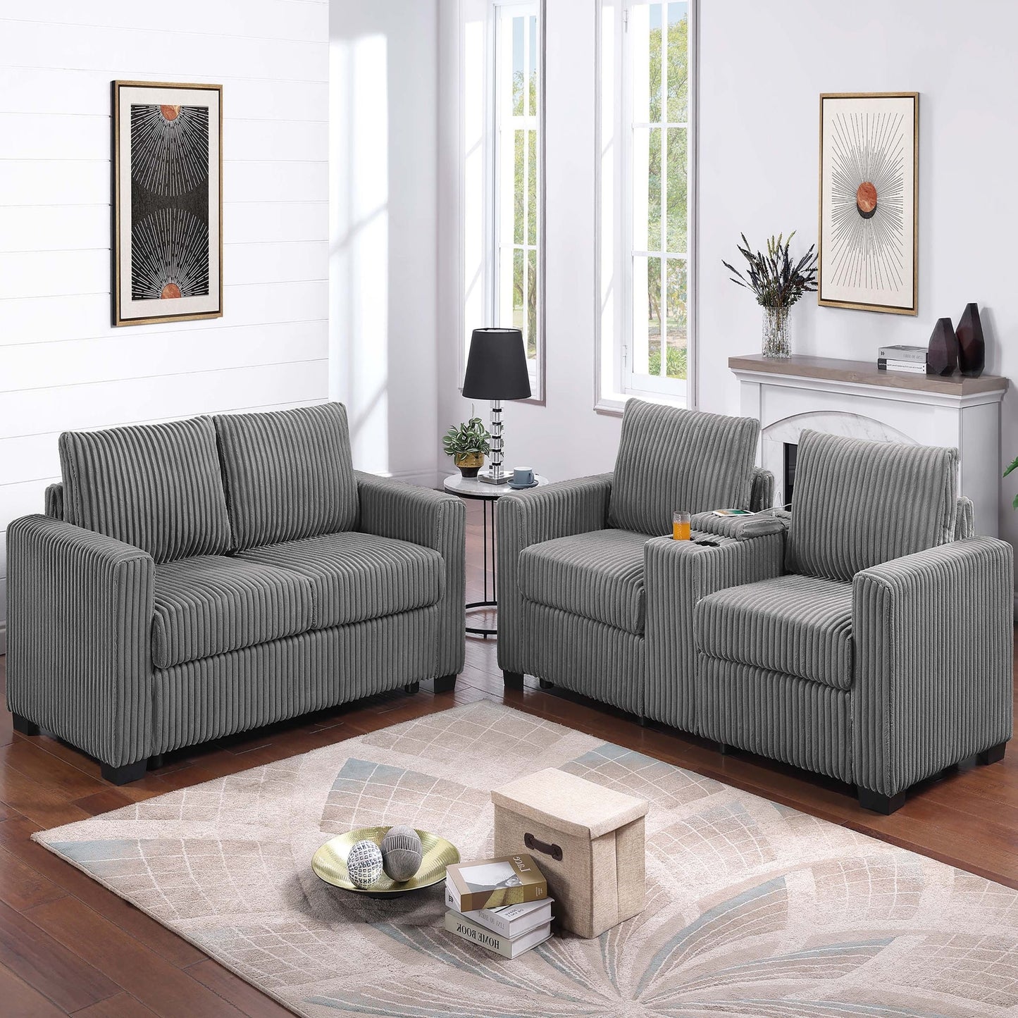 Modern Style 2 Piece Sofa Set With Cup Holders & Charging Port