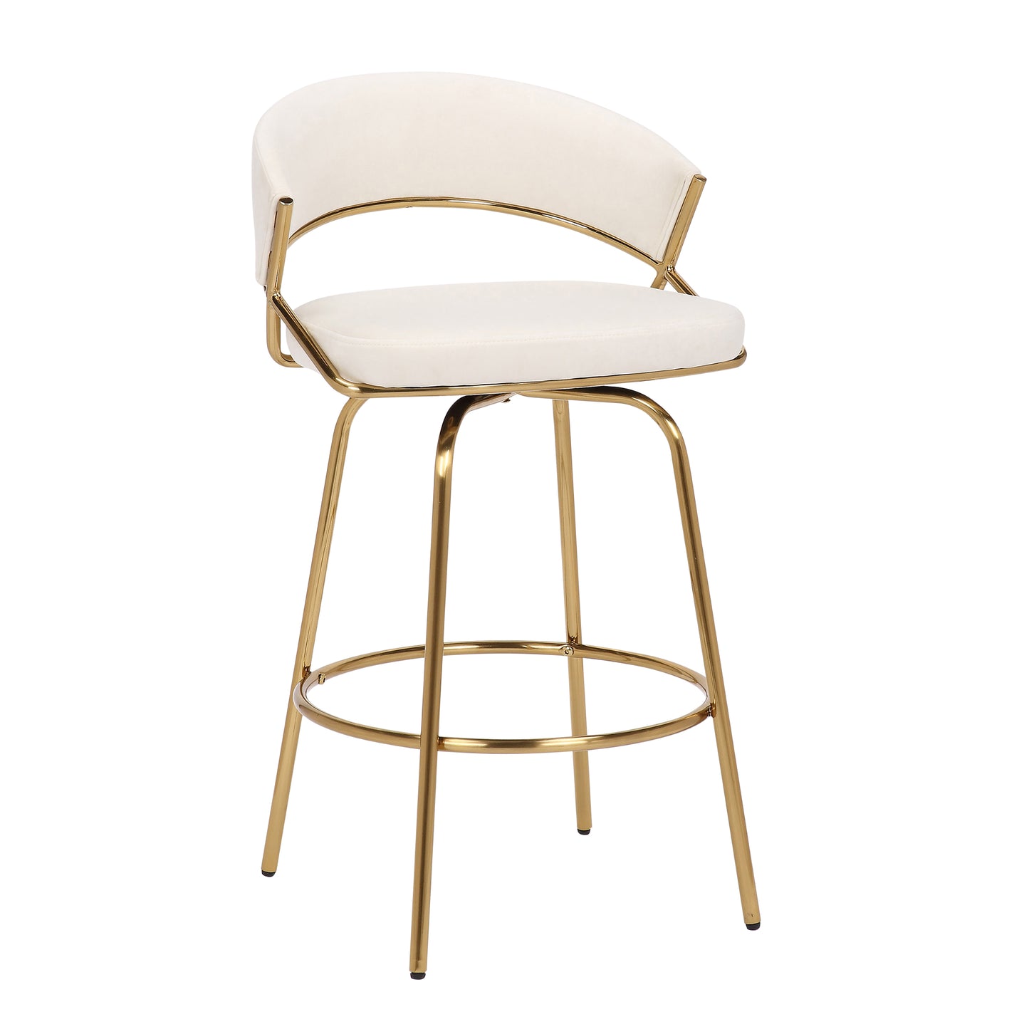 Latho - Set of 2 - 29" Gold Metal Frame Swivel Bar Stools with Cream Velvet Upholstery, Fixed Height