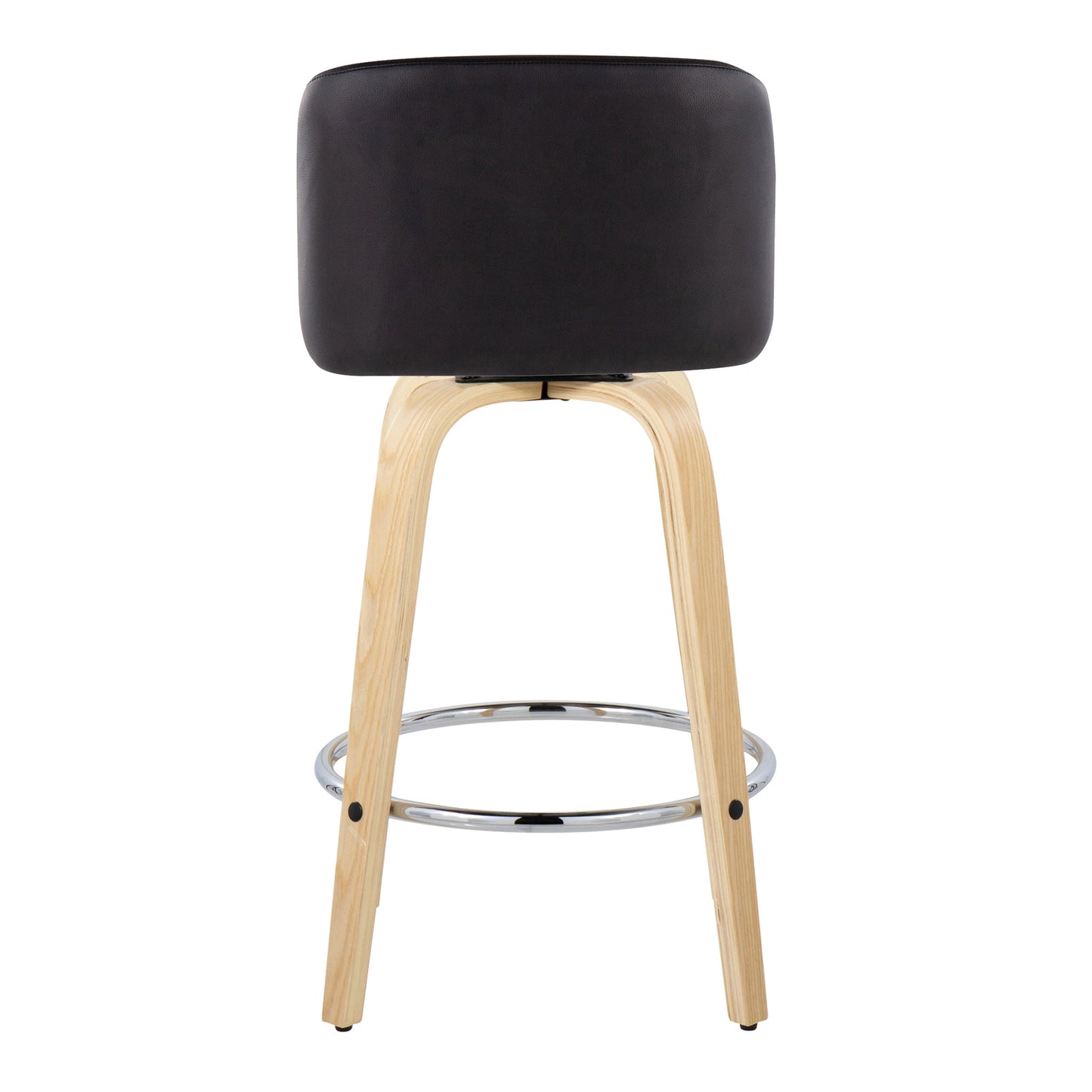 Linthel - Set of 2 - 24" Natural Wood Counter Stools with Black Faux Leather, 360° Swivel Design