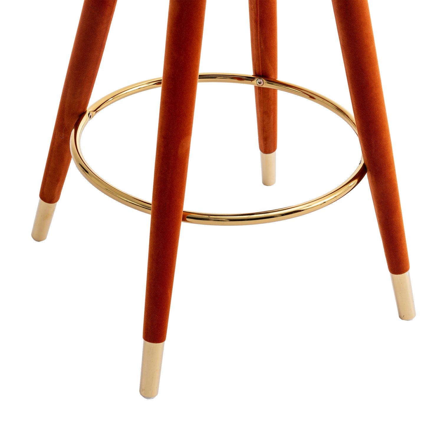 Miple - Set of 2 - 28" Orange Velvet Swivel Counter Height Bar Stools with Backrest, Footrest, and Solid Wood Legs, Retro Style