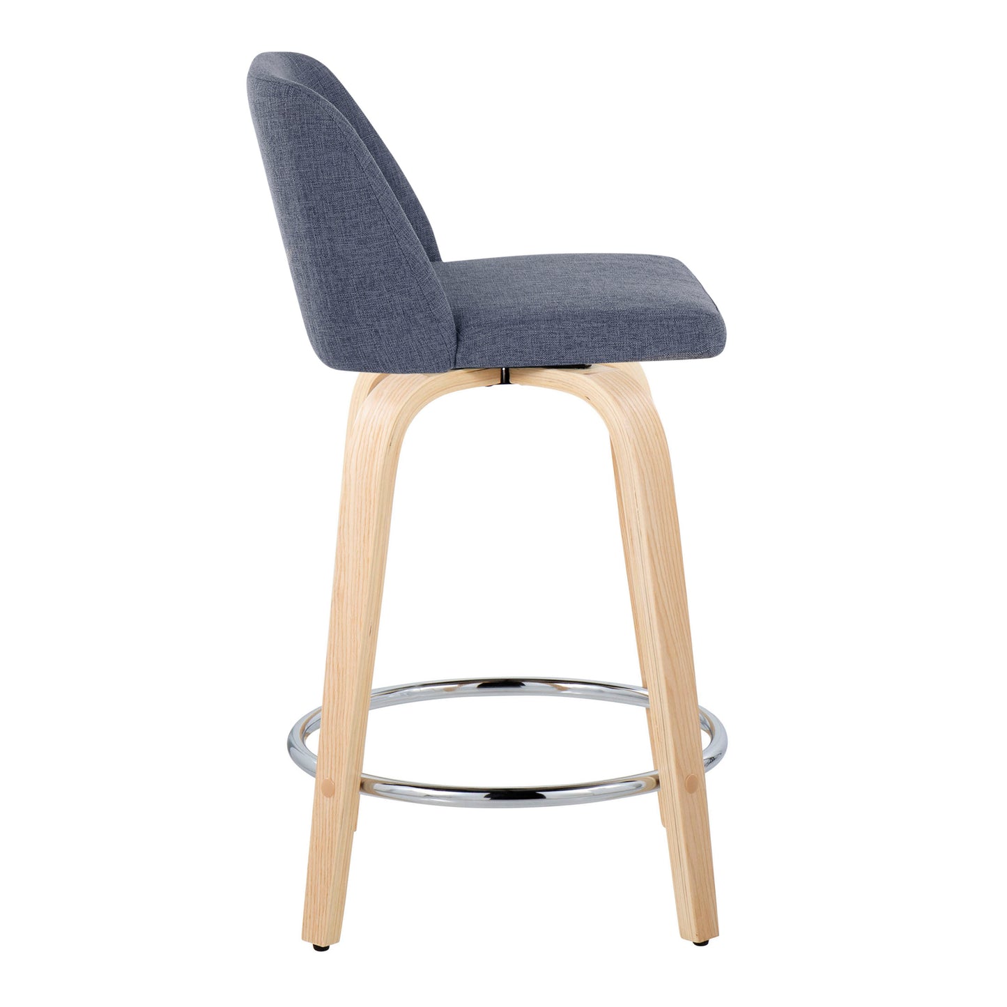 Tiber- Set of 2 - 26" Natural Wood & Blue Fabric Swivel Counter Stools with Chrome Footrest