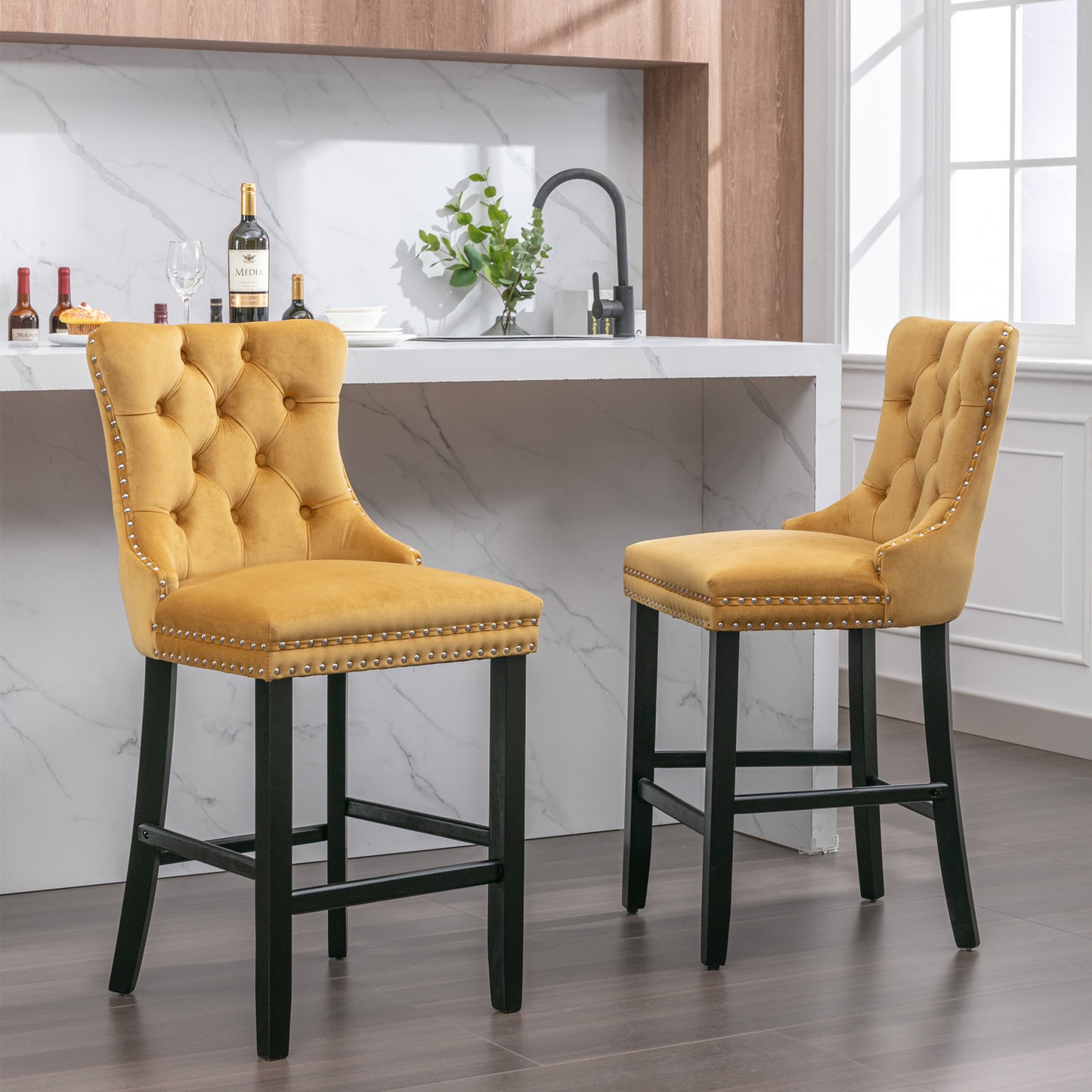 Golden Velvet - Set of 2 - 23.6" Upholstered Bar Stools with Button Tufted Design, Chrome Nailhead Trim & Wooden Legs