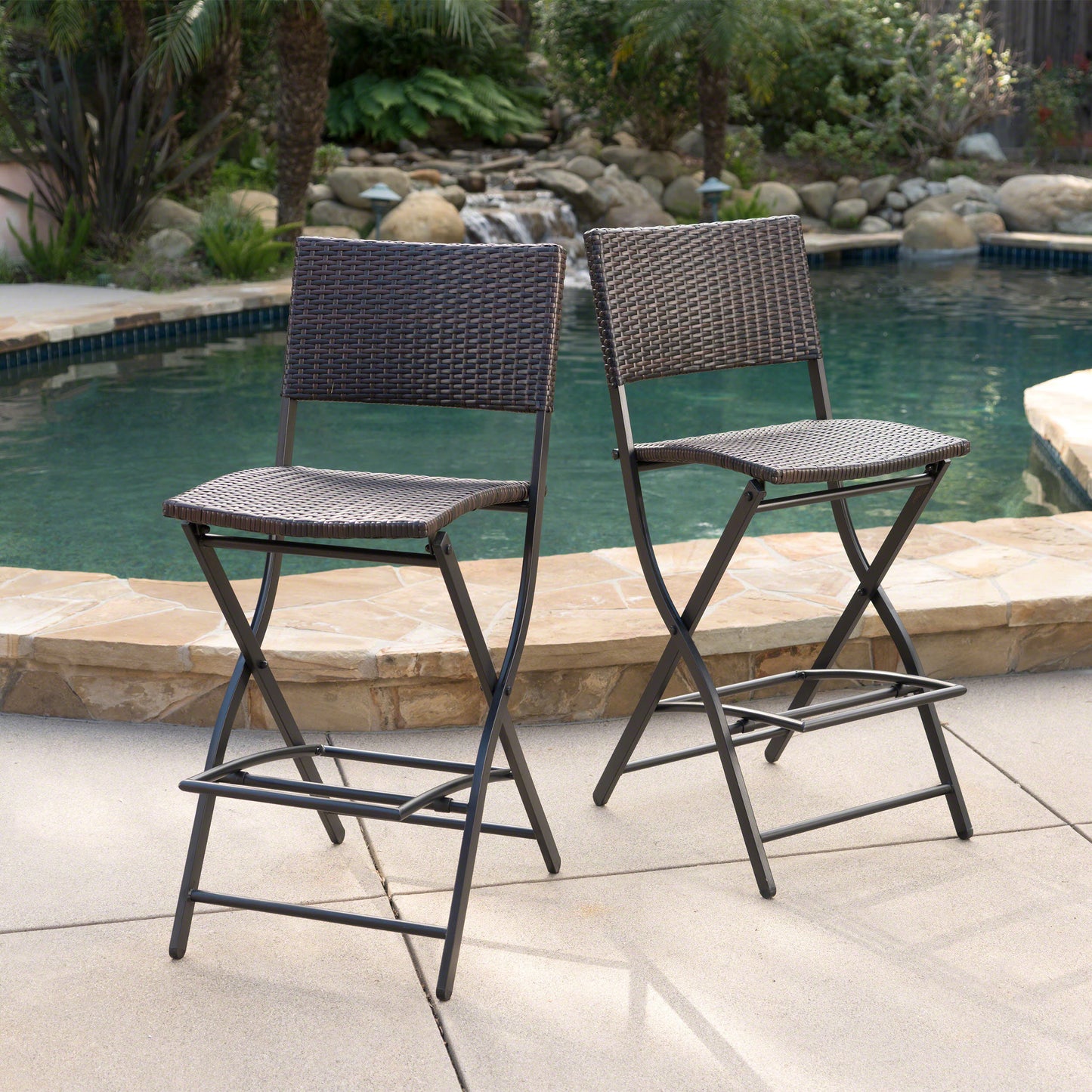 Haverstone - Set of 2 - 28" Multibrown Wicker Barstools, Foldable Faux Rattan Patio Chairs with Iron Frame