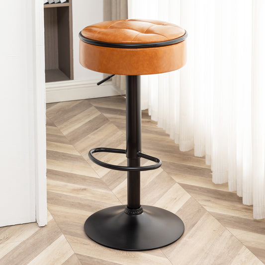 Salvae - Set of 2 - 28" Adjustable Brown Faux Leather Bar Stools with 360° Swivel, Hidden Storage, and Counter Height Design