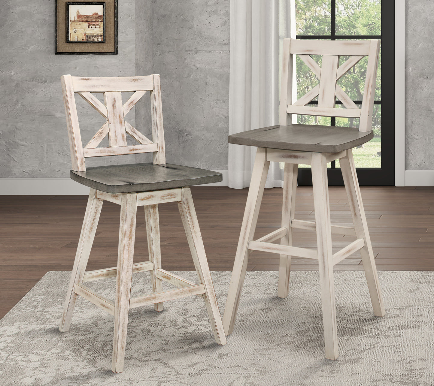 Anabella - Set of 2 - 29" Distressed Gray & White 360° Swivel X-Back Pub Chairs with Solid Rubberwood Frame and Rustic Bar Height Design