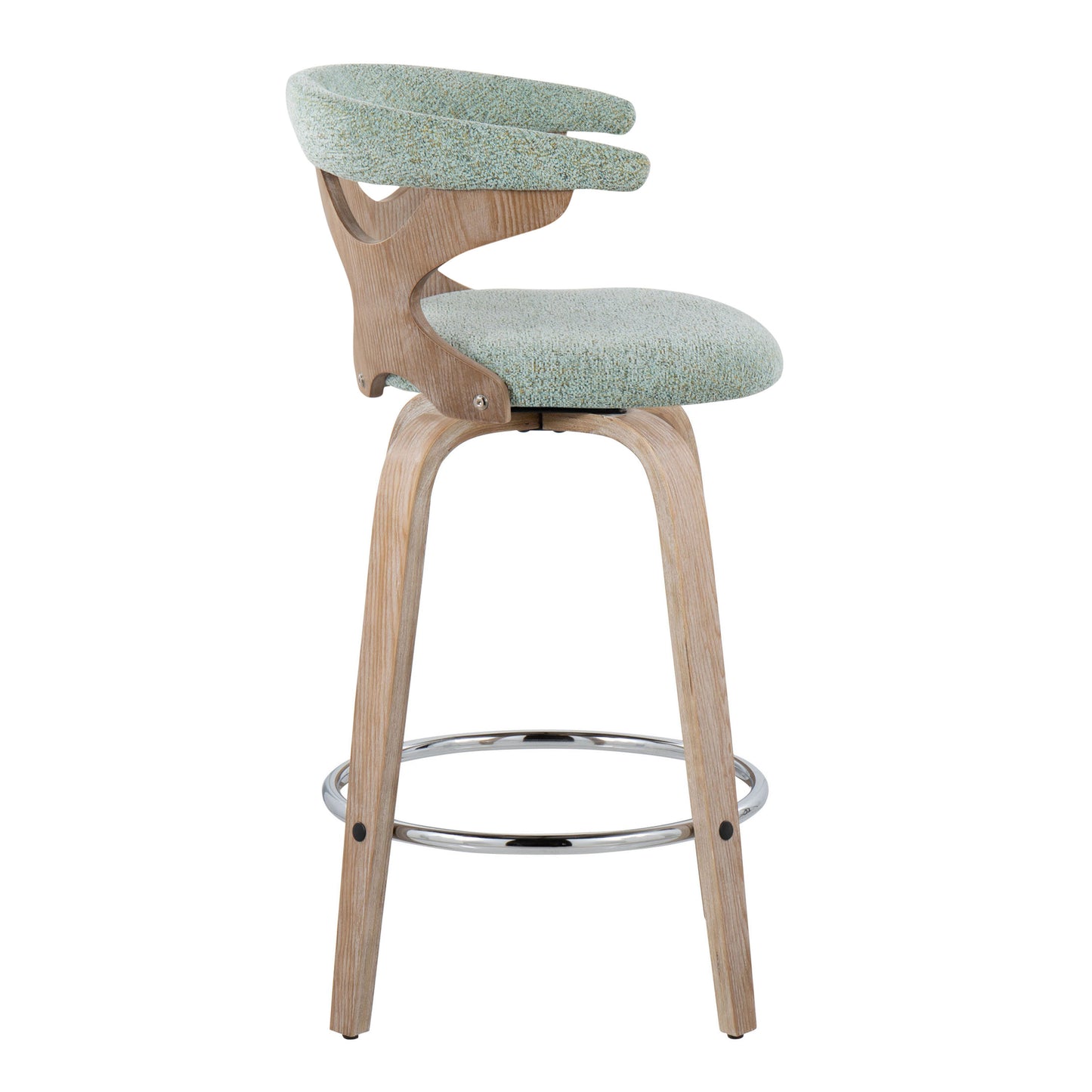 Gryvaris - Set of 2 - 24" White Washed Swivel Counter Stools with Seafoam Green Cushions and Chrome Footrest