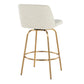 Turanith - Set of 2 - 26" Swivel Counter Stools with Cream Fabric Upholstery, Gold Metal Frame, and Round Footrest