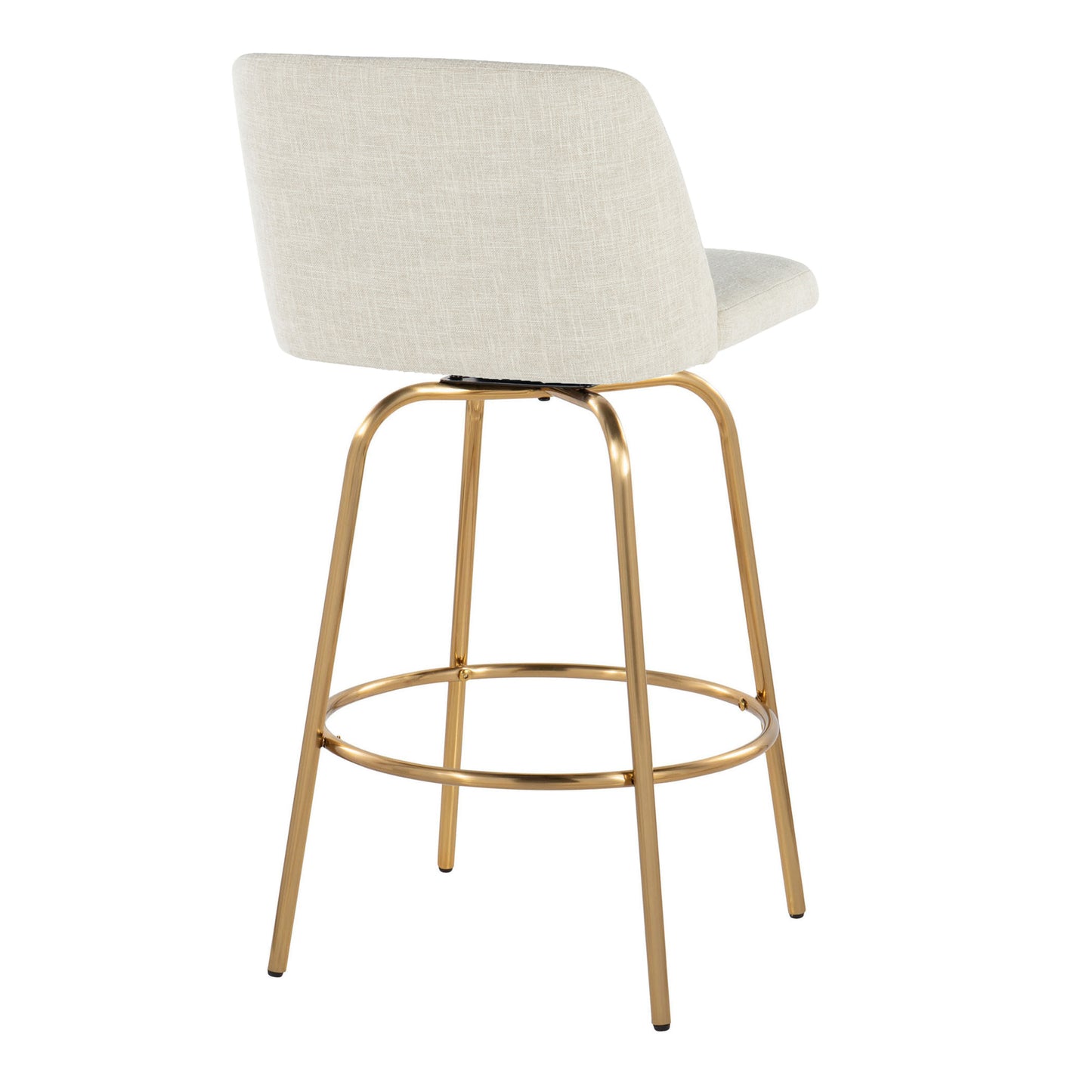 Turanith - Set of 2 - 26" Swivel Counter Stools with Cream Fabric Upholstery, Gold Metal Frame, and Round Footrest