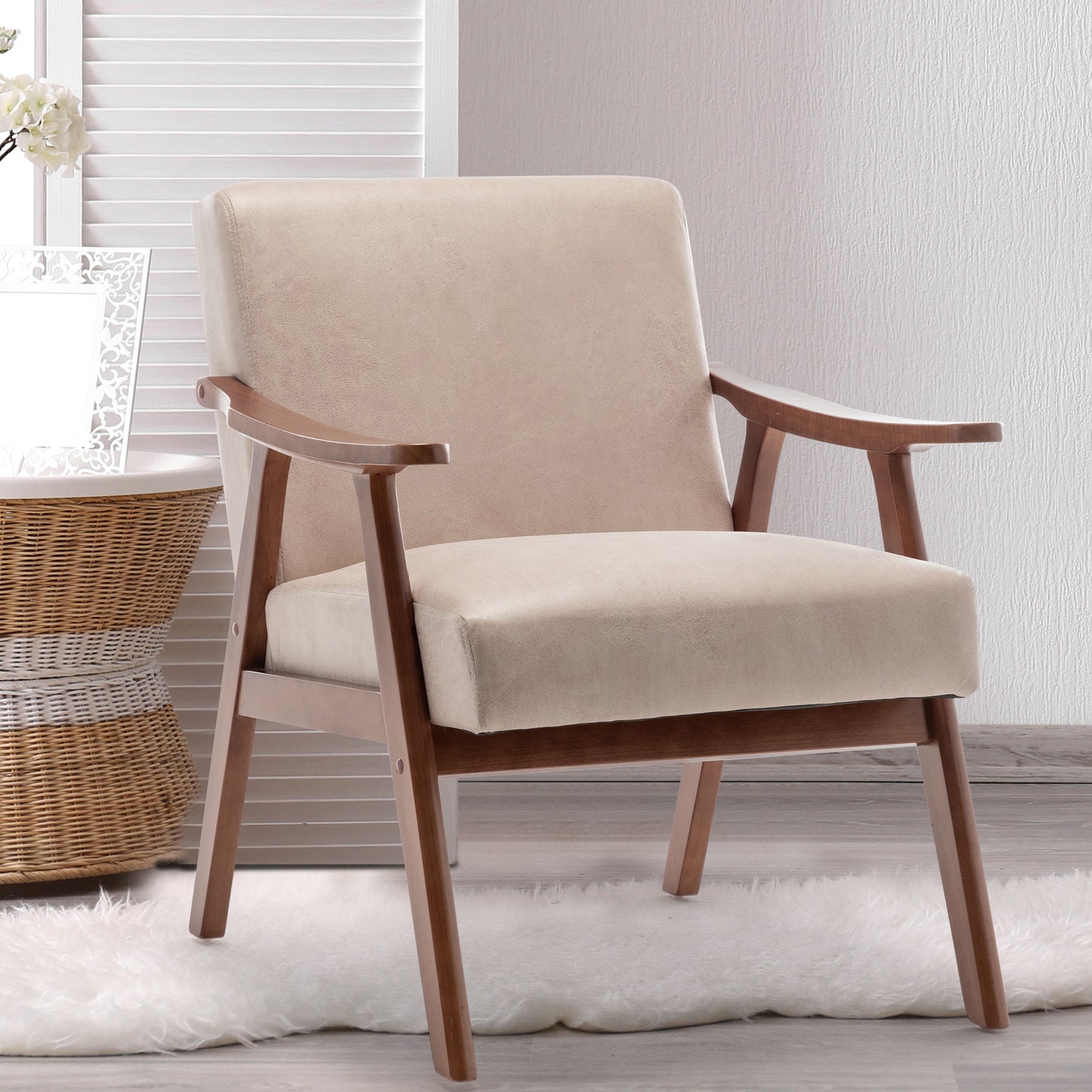 Mid Century Modern Accent Chair With Solid Wood Frame And Extra Thick Backrest